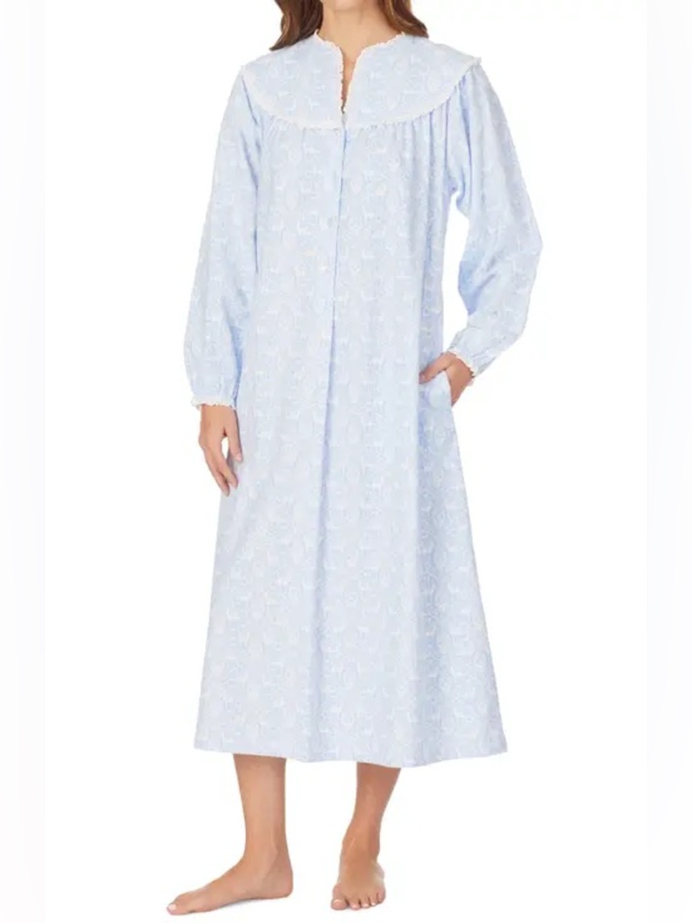 Lanz of Salzburg Light Blue Nordic Reindeer Flannel Nightgown Small Lace